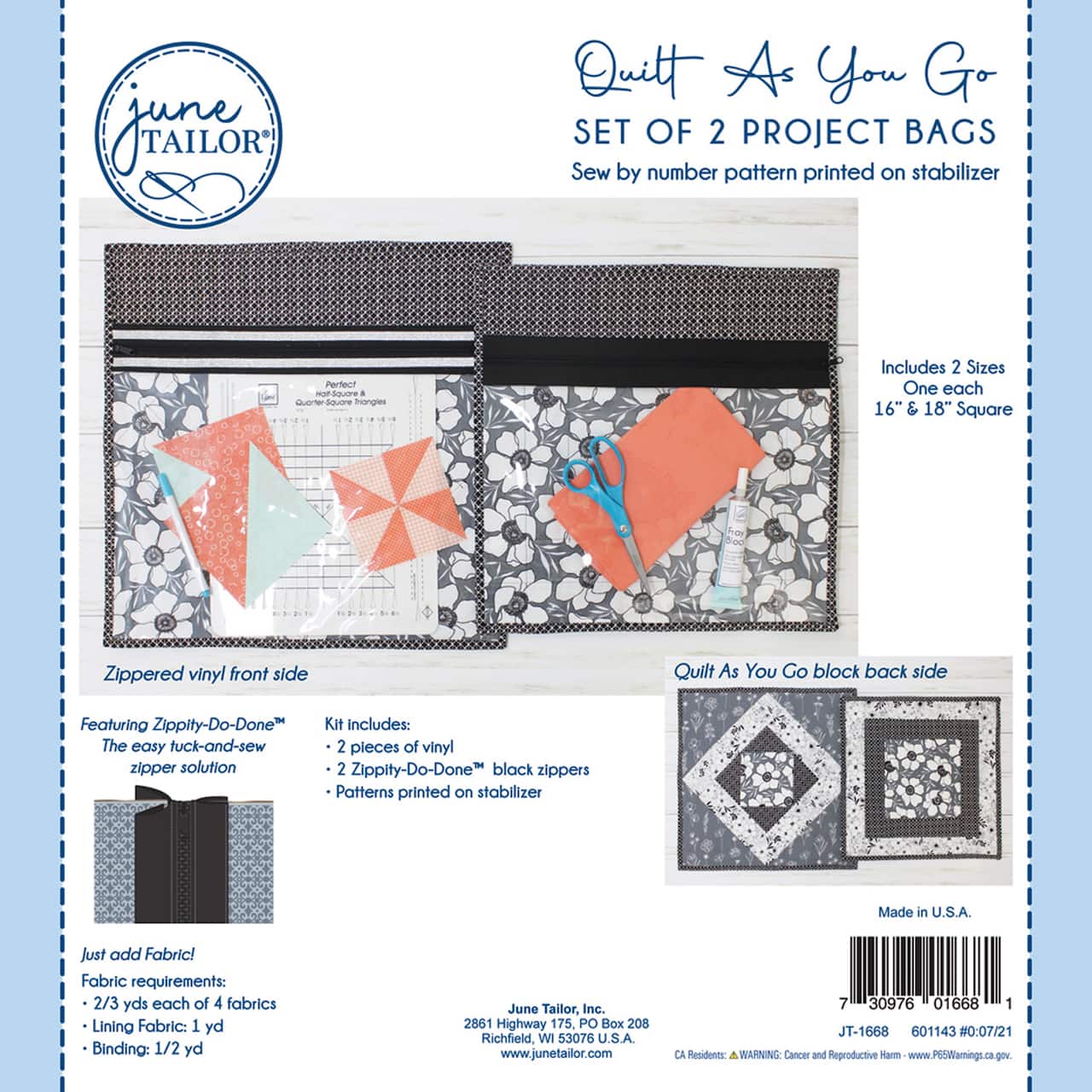 June Tailor® Black Quilt As You Go Project Bag Kit with Zippity-Do-Done™  Zipper